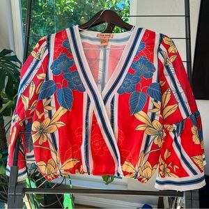 Red floral and blue and white wrap top with flared sleeves - Size M